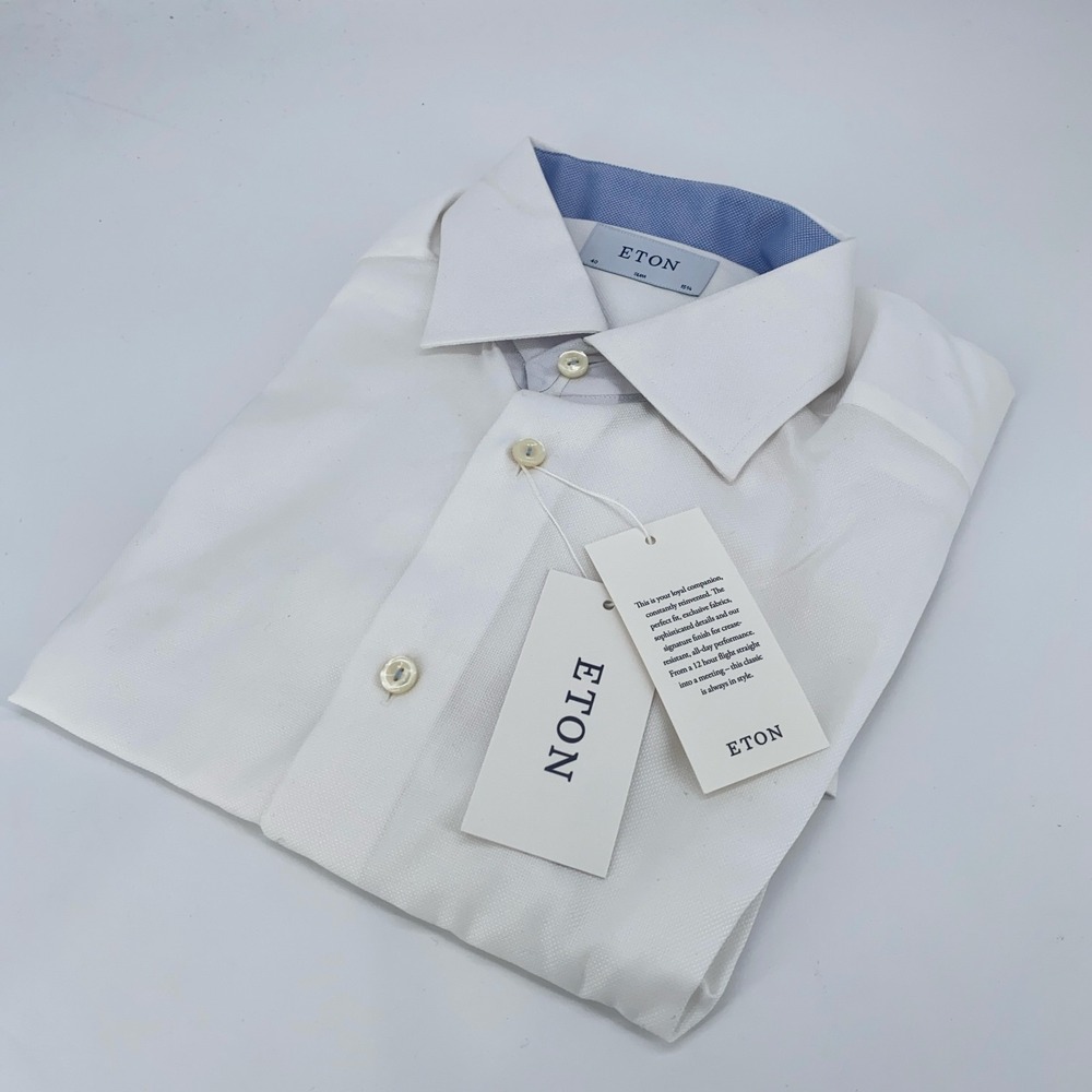 Eton Dress Shirt Men's 15 3/4-40 White Pinpoint Slim Fit Formal Collar Button Up